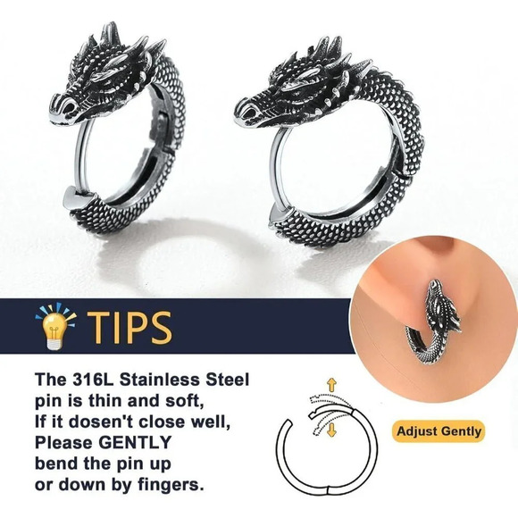 Women  Hypoallergenic Stainless Steel Stud Personalized Dragon Earrings - Picture 5 of 11